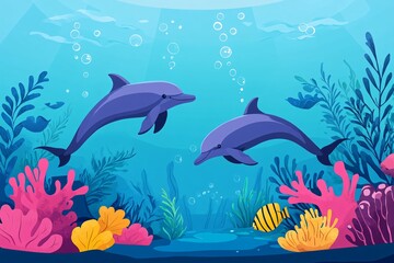 Obraz premium Underwater Scene with Dolphins in Vibrant Coral Landscape