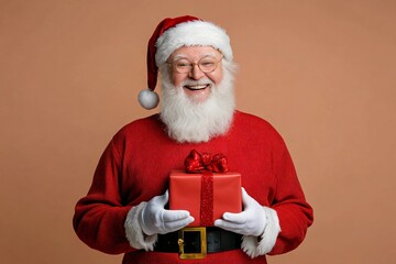 Joyful Santa Holding a Gift with a Cheerful Smile