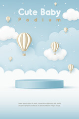 3D Vector Cute baby product display cylinder stand podium banner. Air balloon in the blue sky background for infant store, online shop, kid clothes toy, fashion discount promotion sale, social media.