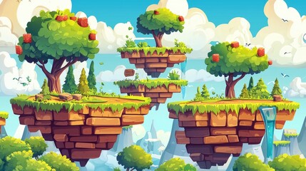 Floating Islands with Trees and Waterfalls in a Cartoon Landscape