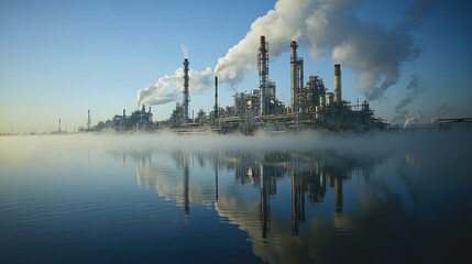 Industrial Refinery Plant Reflecting on Water with Smoke and Fog