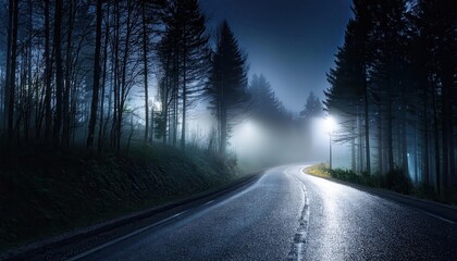 Fototapeta premium Isolated road breathing, white vapors dancing between shadowy trees and phantom streetlamps.