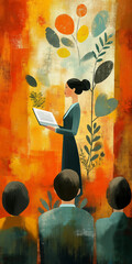 A woman reads to a captivated audience, Painting wall