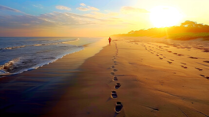 Golden sunset beach walk footsteps