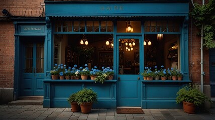 A charming teal storefront with a glass door and a brick wall, adorned with potted plants.