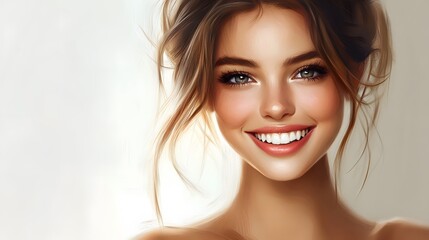 Fototapeta premium Beautiful woman face portrait healthy skin and beauty hairstyle happy smile. 