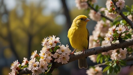 A vibrant yellow canary perched on a branch amidst delicate pink blossoms, a symbol of spring's arrival.
