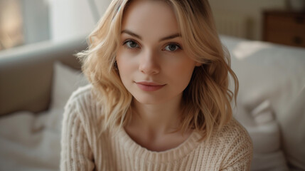 Naklejka premium Young blonde woman in a cozy sweater, looking serene at home.