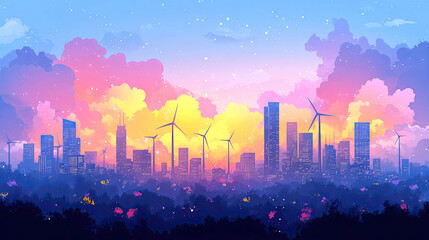 Fototapeta premium At sunrise, high-rise buildings and wind turbines in the city