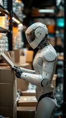 Fototapeta premium A robot is standing in a warehouse and reading a book. The robot is white and has a robotic arm. The warehouse is filled with boxes and shelves