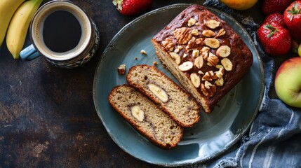 Freshly Baked Banana Bread with Fruits and Coffee