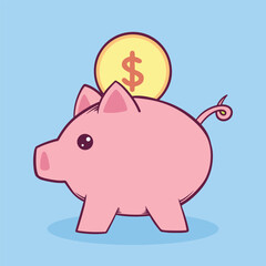 Piggy bank with gold coin hand drawn illustration