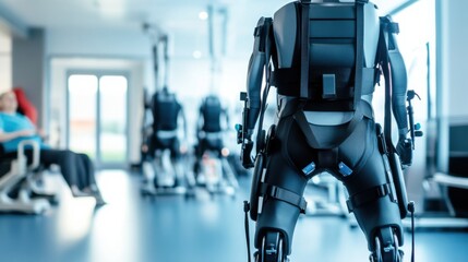 A high-tech rehabilitation center with robotic exoskeletons assisting patients in mobility exercises, Medical rehabilitation style, photo of