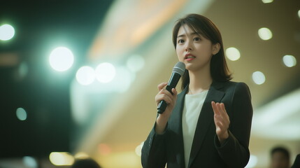 マイクを持って話すスーツ姿のアジア人女性