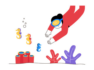 Boy diving into the deep sea with horse sea. Diving illustration. Flat vector illustration