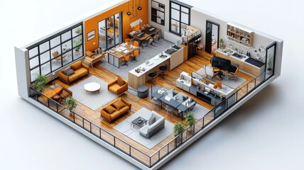 Modern interior design showcasing a spacious open-plan living area.