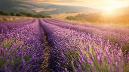Fototapeta premium Lavender Fields Under Sunset Glow
