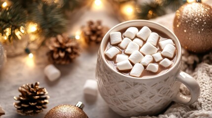 Indulgent hot chocolate delight, steaming mug with marshmallows on rustic wooden table