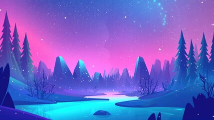 Fototapeta premium A Wintery Night Scene with a Starry Sky, Mountains, Pine Trees, and a Winding River