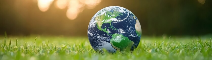 Obraz premium Sustainable future, green earth globe nestled in lush grass symbolizing environmental conservation
