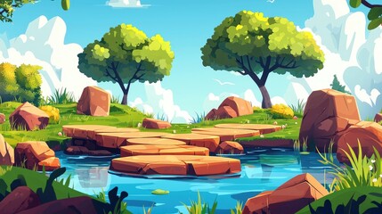 Stone Pathway Across a Tranquil Pond in a Lush Green Forest