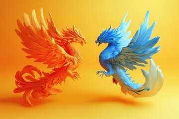 Fototapeta premium Two Colorful dragons are flying in the air