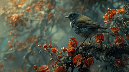 Naklejka premium A Bird Perched on a Branch of Blooming Flowers