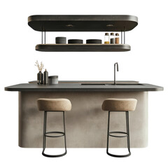 A modern kitchen island with bar stools, home decor element, 3D rendering, sleek design, isolated on white background