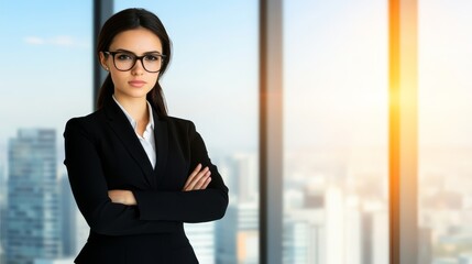 Confident businesswoman in glasses contemplating new opportunities by the window in a modern office