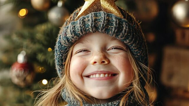playful girl stick the golden star tree-topper on her wool cap, smiling with proud and joy, happy Christmas time