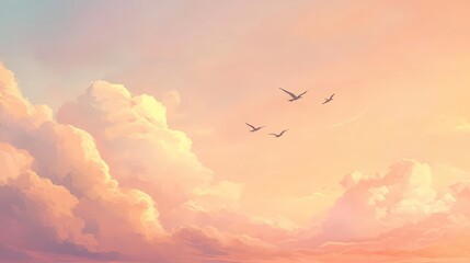 Spectacular sunset sky with birds in flight, a colorful nature painting of dusk