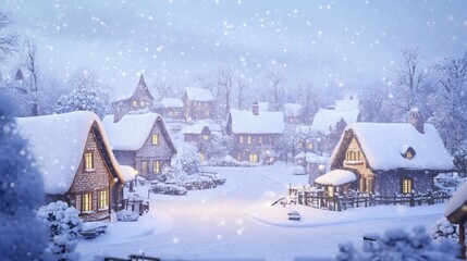 Fototapeta premium Charming snow covered street in a peaceful winter town, serene neighborhood scene