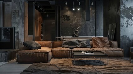 Black minimalist industrial living room with luxury brown leather sofa, AI generated image