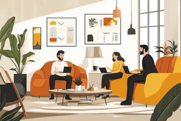 Three colleagues working on laptops on orange couches in a bright room.