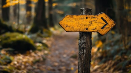 Vibrant yellow sign on a weathered wooden post in tranquil forest setting rustic