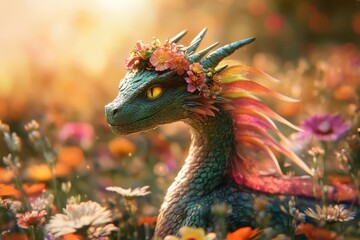 Obraz premium The dragon's bright colors and the vibrant flowers create a cheerful