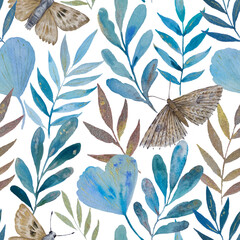 Watercolor seamless pattern with golden shimmering leaves and moths for fabric and design.