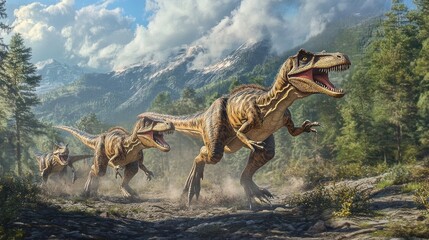 Three dinosaurs run through a rocky mountain forest.