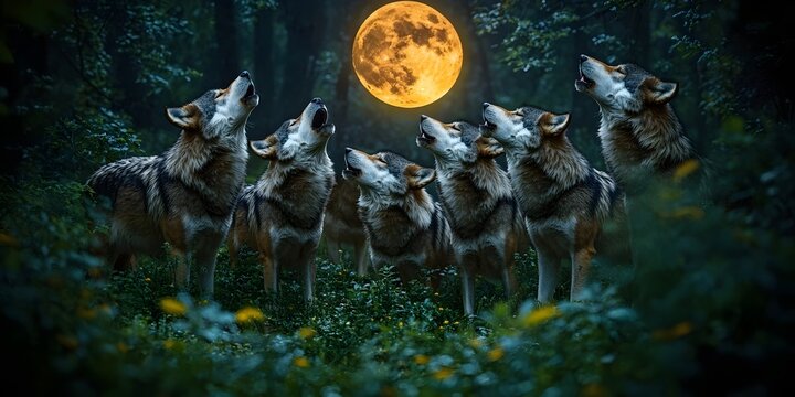 A pack of wolves howling at a full moon in a serene forest, creating a mystical atmosphere filled with shadows and soft moonlight.