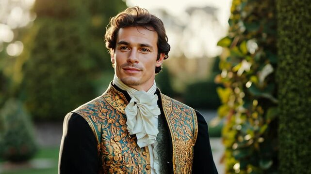 close up portrait of handsome man wearing 18th century Regency brown outfit standing in flower blossom garden