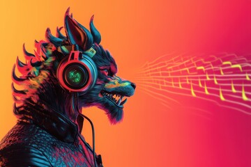 A cartoon dog with headphones on and a mouth open, with a yellow background