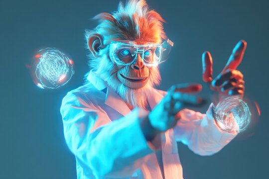 A monkey wearing a lab coat and glasses is pointing at something