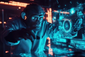 Fototapeta premium A monkey is looking at a computer screen with a blue screen