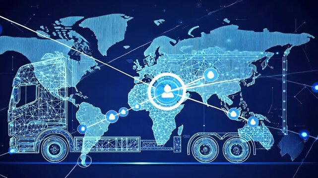 A truck is shown on a world map, connected by lines and dots. Global network or logistics concept.