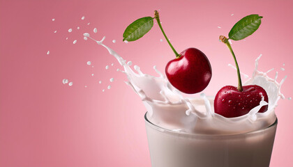 Creative Food Template Close Up Topping Fruit Cherry Cherries Glass of Milk Milkshake Yoghurt Smoothie with Liquid Droplet Splash Splashing Swirl on Pink Background Copy Text Space 
