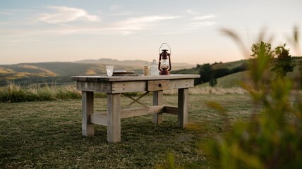 wooden table with a picturesque, pastoral landscape in the background. 