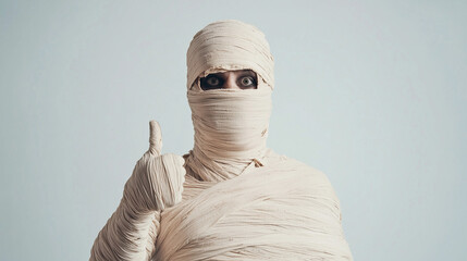 Mummy's Got a Point: A humorous and spooky image of a mummy wrapped in bandages with only his eyes visible, pointing his finger up in a playful gesture.