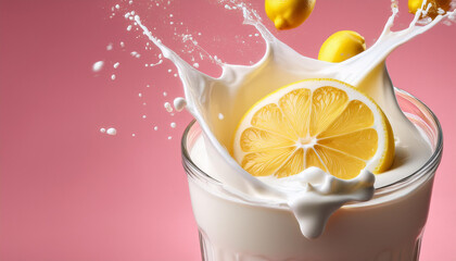 Creative Food Template Close Up Topping Fruit Lemon Lemons Glass of Milk Milkshake Yoghurt Smoothie with Liquid Droplet Splash Splashing Swirl on Pink Background Copy Text Space 