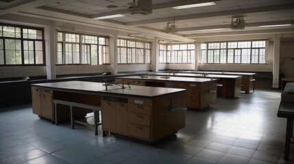 Empty Science Laboratory with Workbenches and Natural Light