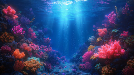 Naklejka premium Vibrant coral reefs thrive under the ocean's surface, illuminated by sunbeams filtering through crystal-clear water, creating a stunning underwater paradise of colors and life.